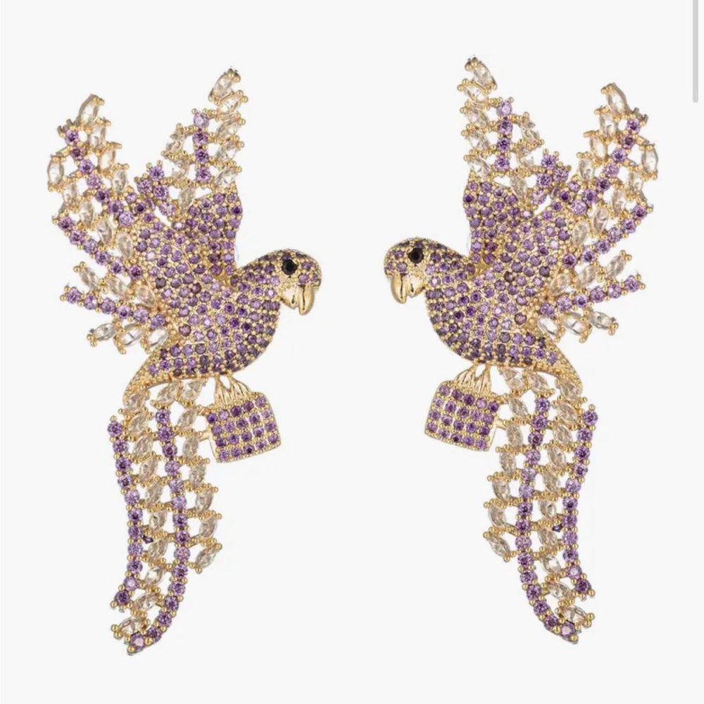 CZ Pavé Tropical Bird Statement Earrings EYE CANDY Brass 18K Gold Plates